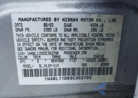 2003 Nissan Altima 3.5 Se z USA, uszkodzony, nr VIN 1N4BL11D93C353790